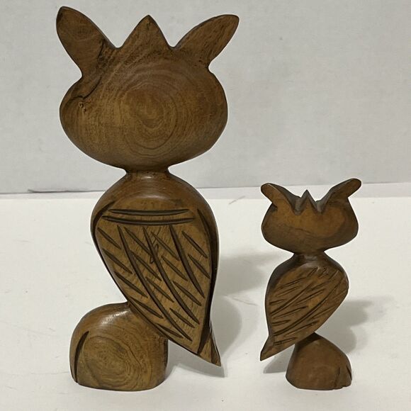 2 Adorable Hand Carved MCM Wood Owl Statue Figurines Unique Weirdo 8” & 5” - Picture 5 of 7